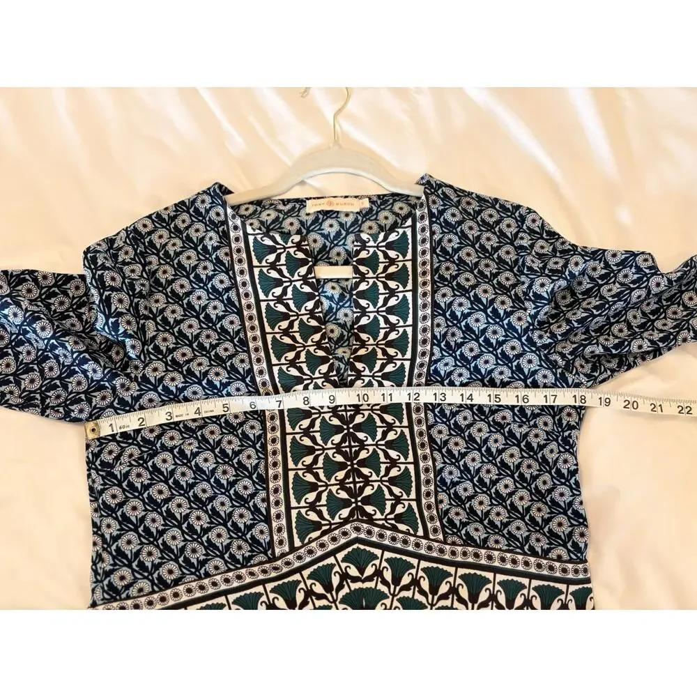 Tory Burch Long Sleeve Dress Goemetric/Floral Pattern Blue Green V-neck Size 6